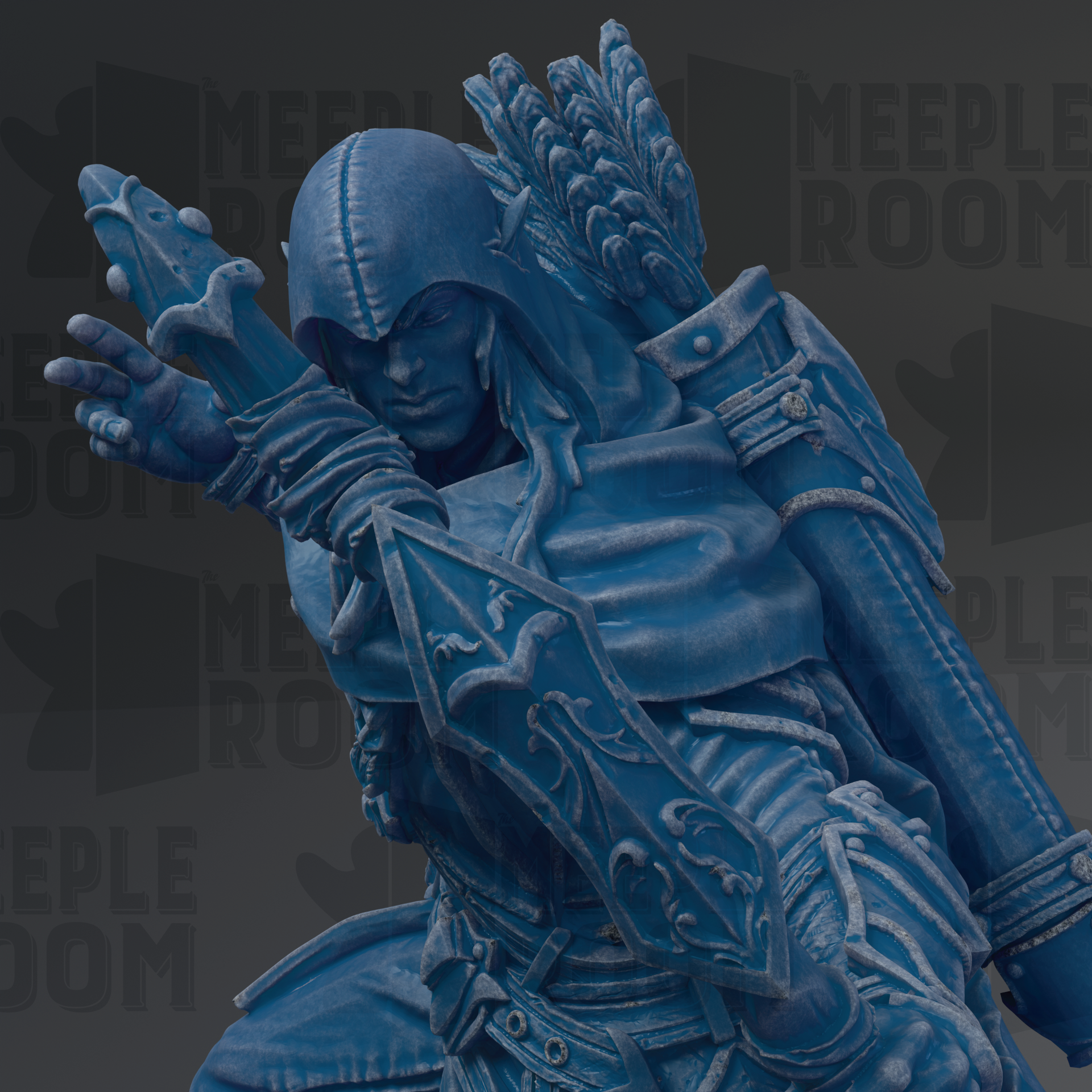 A close-up of a blue, ornate statue depicting a figure with a pointed hat and a sword, set against a dark background with repeated text.