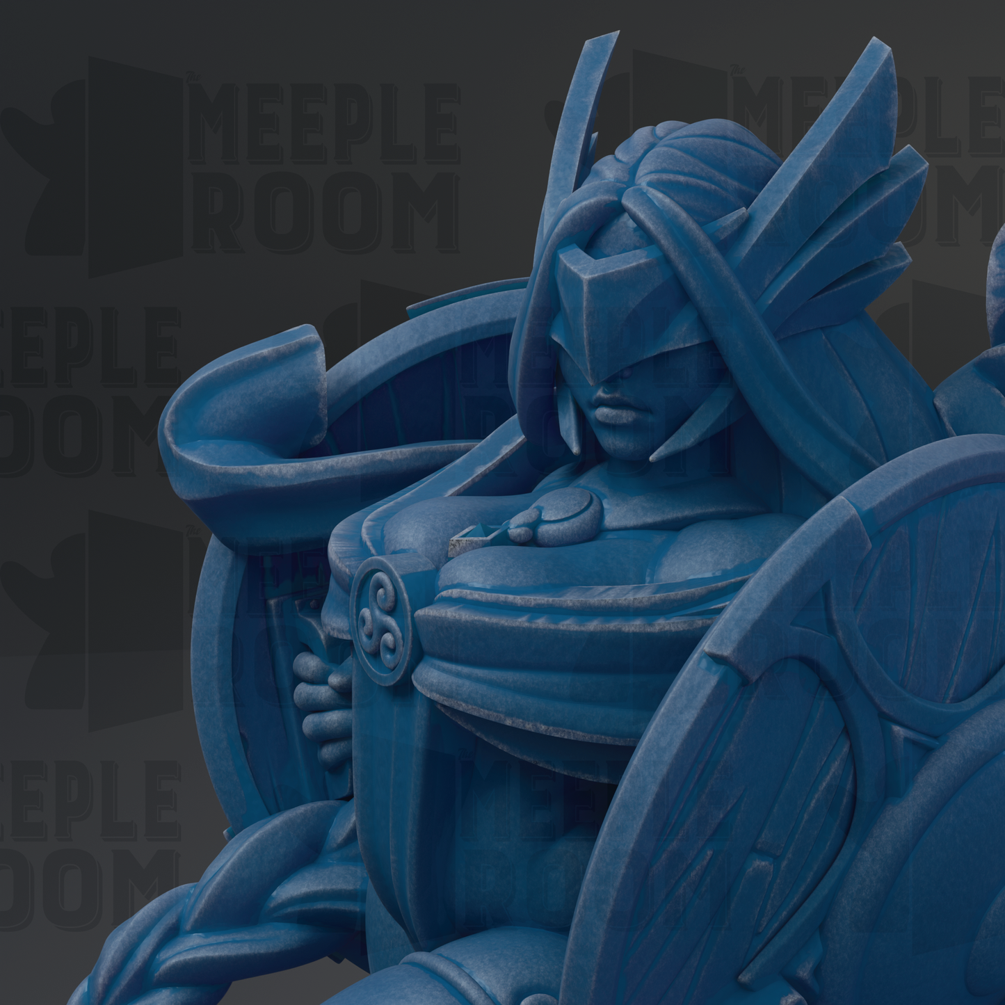 A close-up view of a blue, sculpted figure with a detailed, intricate design.
