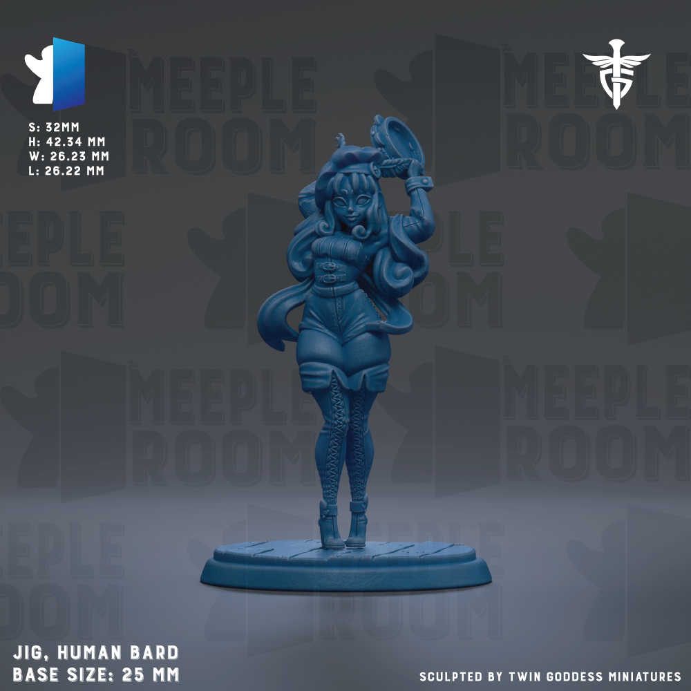 A figurine of a human bard, specifically Jig, is shown against a dark background with the text "MEIPLE ROOM" repeated multiple times.