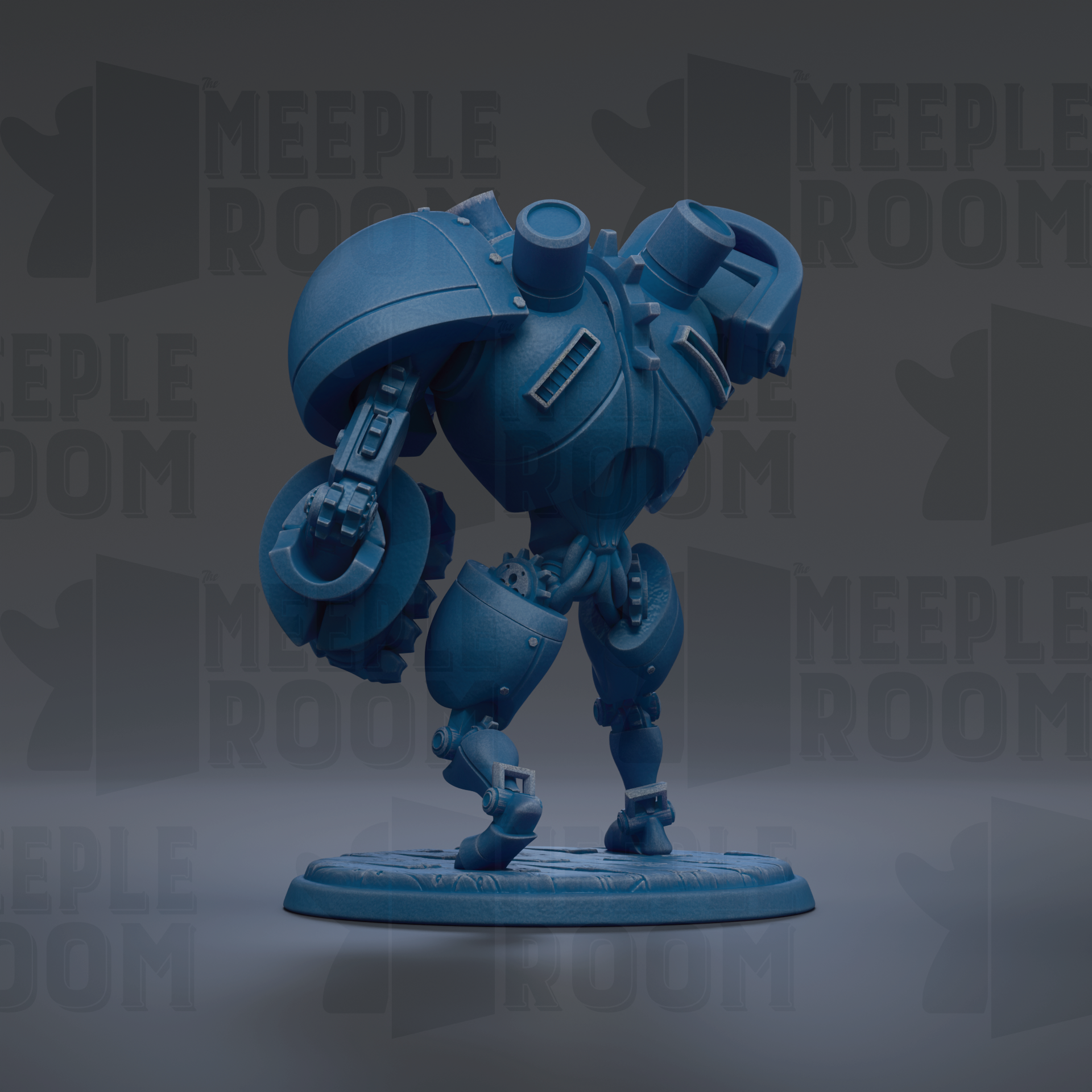 A blue, mechanical robot figurine is standing on a base against a dark background with repeated text.