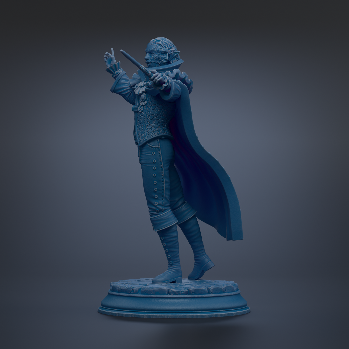 A 3D rendering of a statue of a person in a cape, standing on a pedestal.