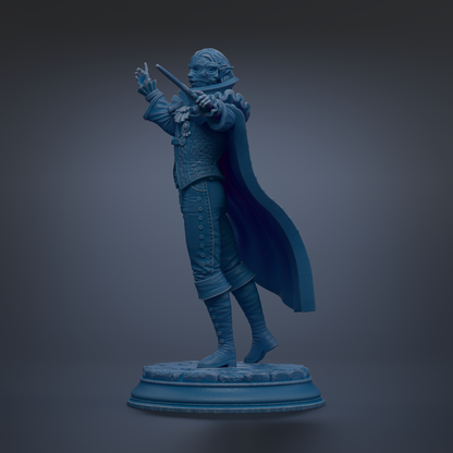 A 3D rendering of a statue of a person in a cape, standing on a pedestal.