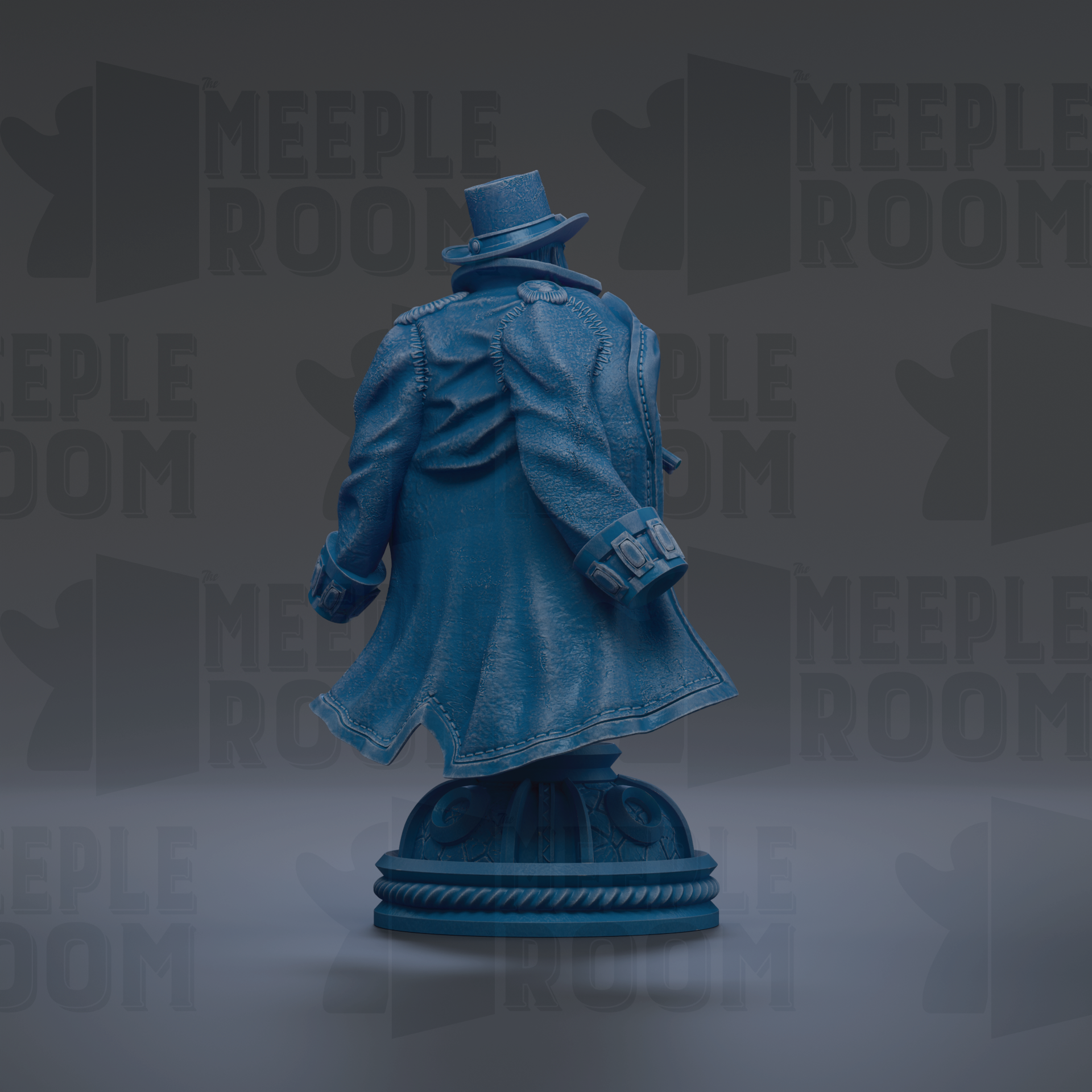 A blue statue of a person wearing a top hat and coat, standing on a pedestal.