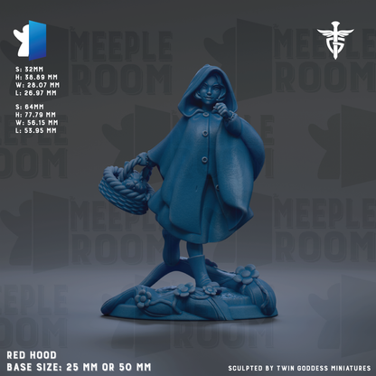 The image is a 3D rendering of a blue figurine of a person wearing a hooded cloak, holding a basket. The figurine is set against a dark background with the text "MEPLE ROOM" repeated multiple times. The base size of the figurine is 25mm or 50mm.