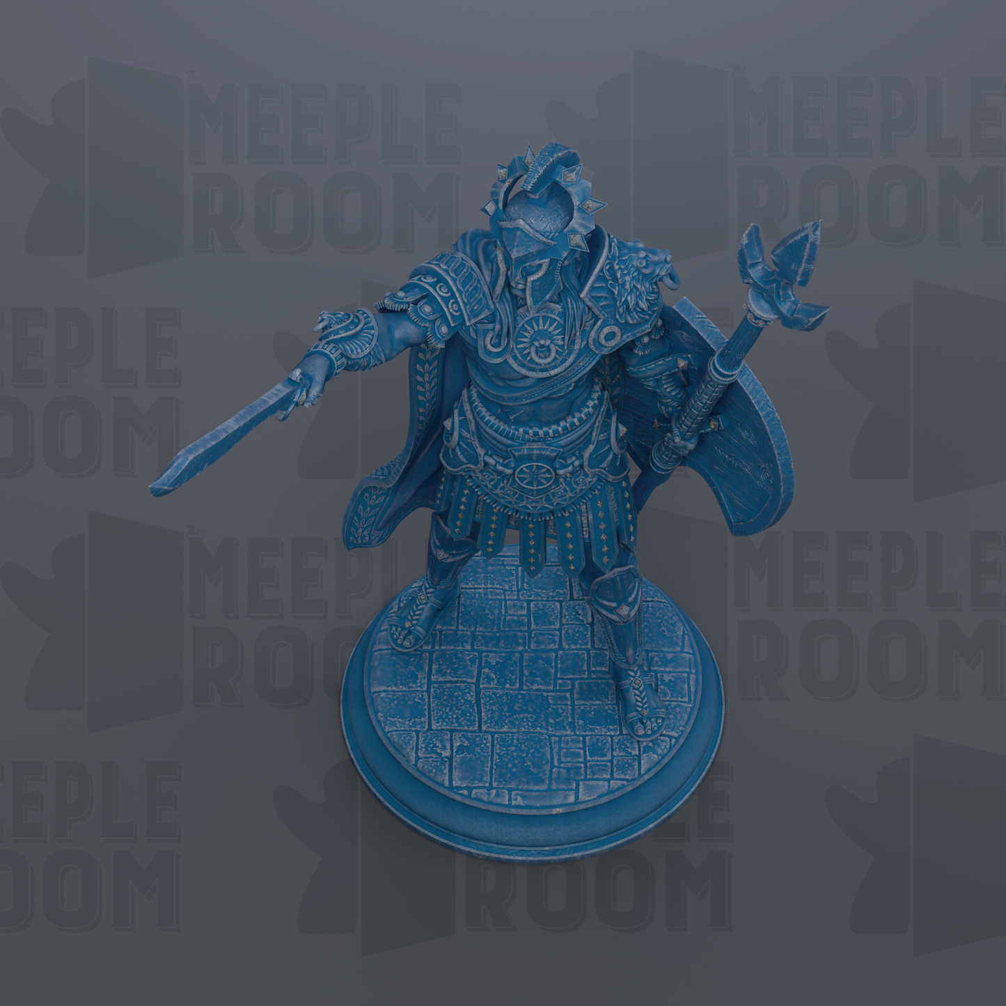 A blue statue of a warrior figure holding a shield and sword, standing on a platform.