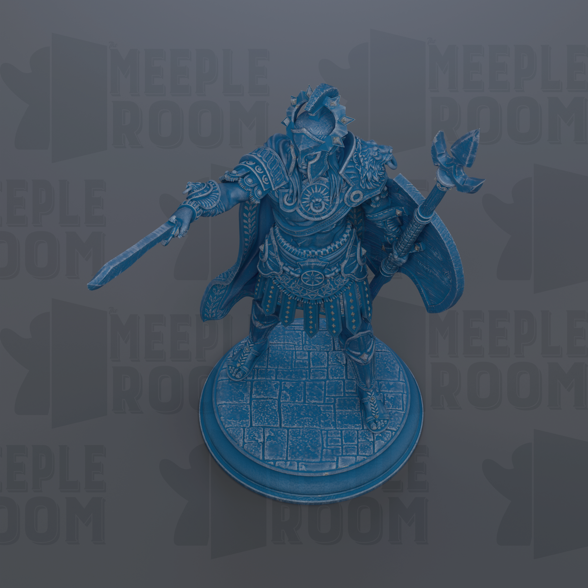 A blue statue of a warrior figure holding a shield and sword, standing on a platform.
