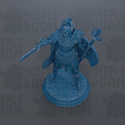 A blue statue of a warrior figure holding a shield and sword, standing on a platform.