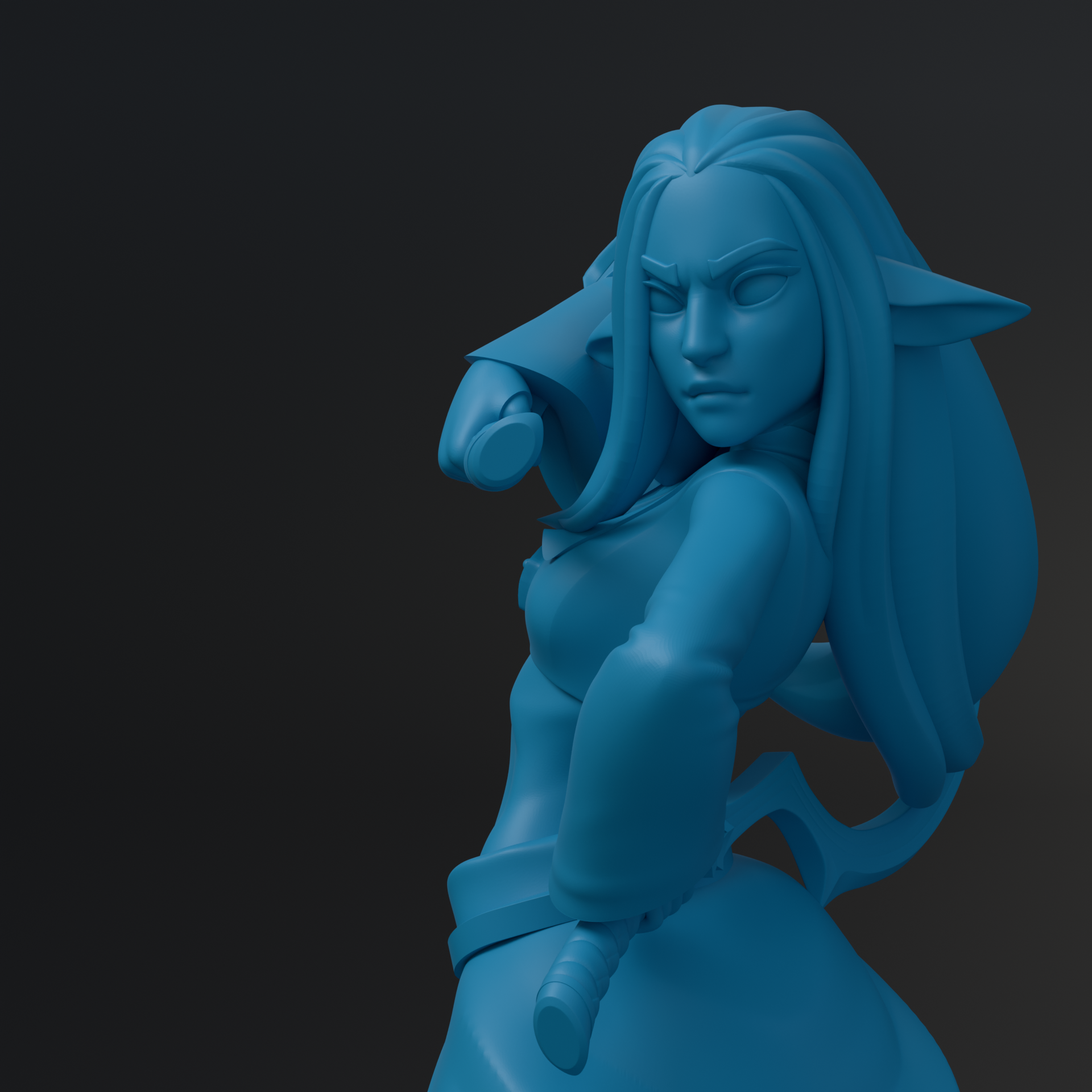 A blue 3D model of a female character with long hair and a determined expression, holding a weapon and standing in a fighting stance.