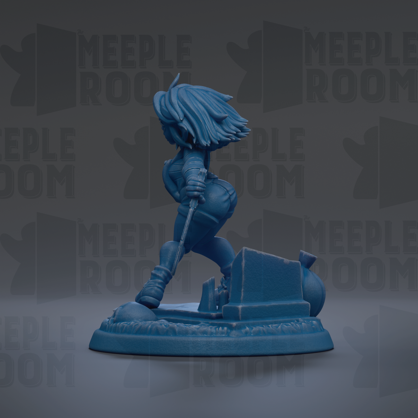 A blue figurine of a person with long hair and a sword stands on a pedestal against a dark background with repeated text.