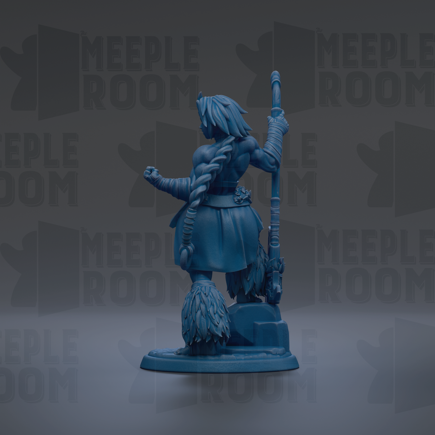 A blue figurine of a warrior standing on a pedestal, holding a staff and a shield, against a dark background with repeated text.