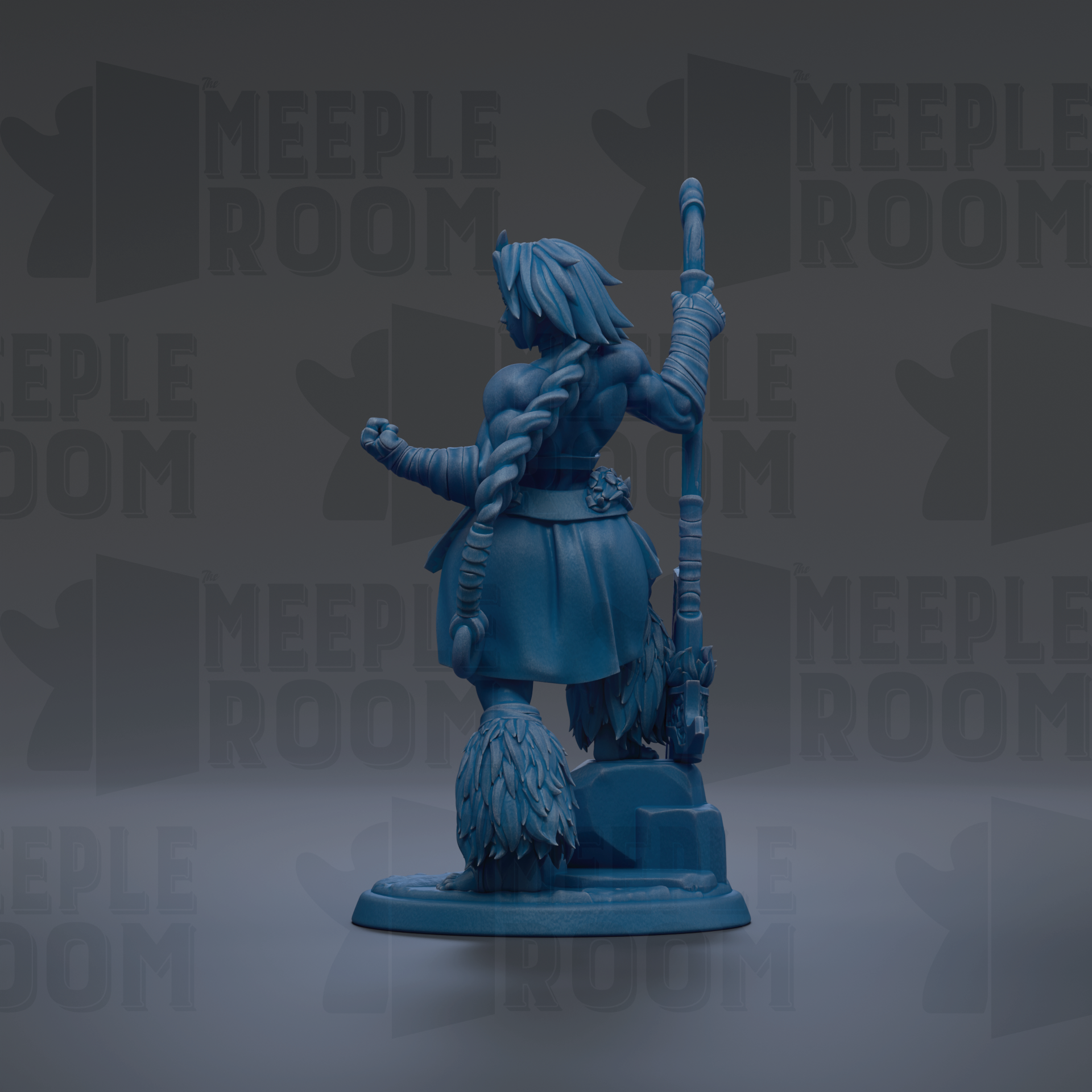 A blue figurine of a warrior standing on a pedestal, holding a staff and a shield, against a dark background with repeated text.