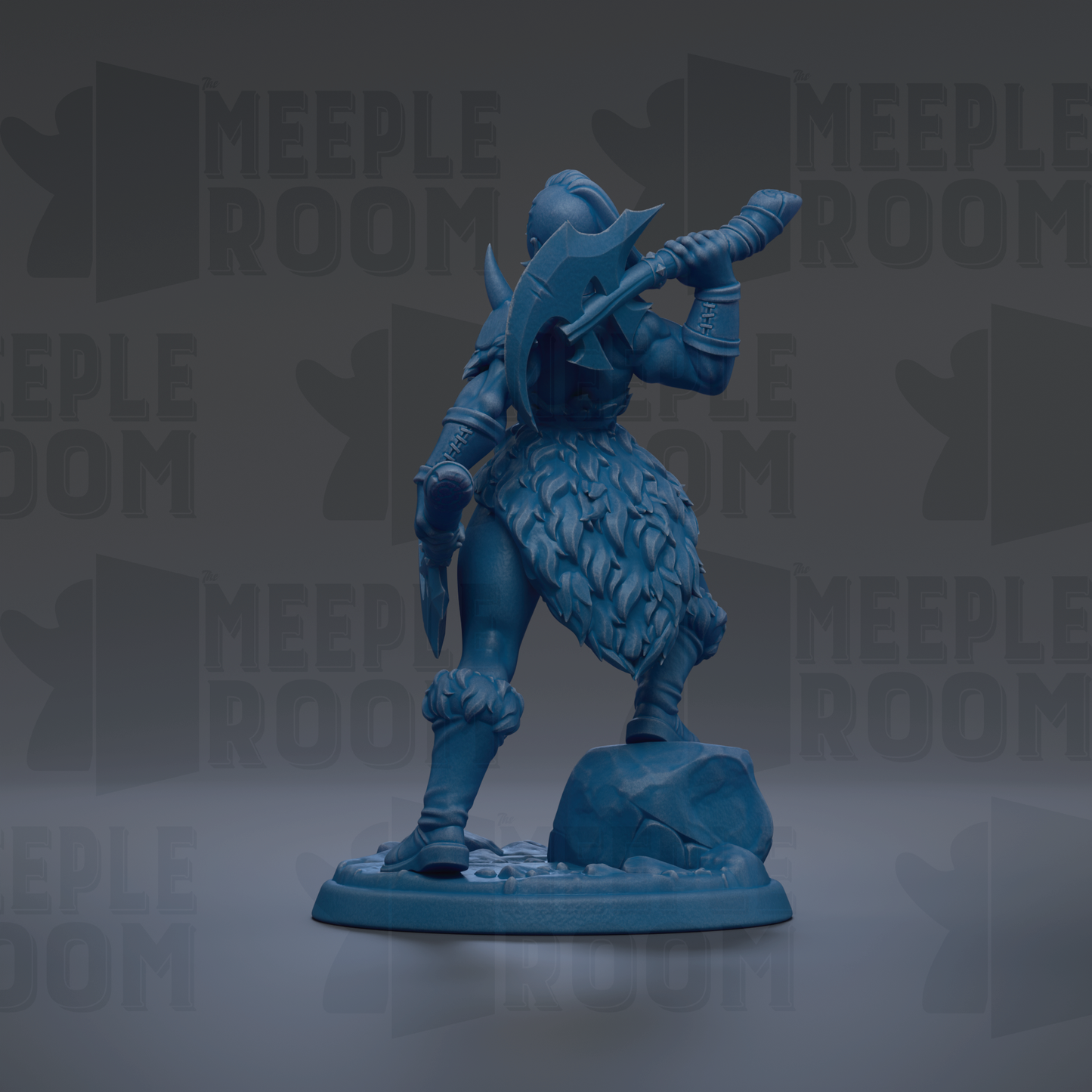 A blue figurine of a warrior standing on a rock, holding a weapon and wearing a helmet.