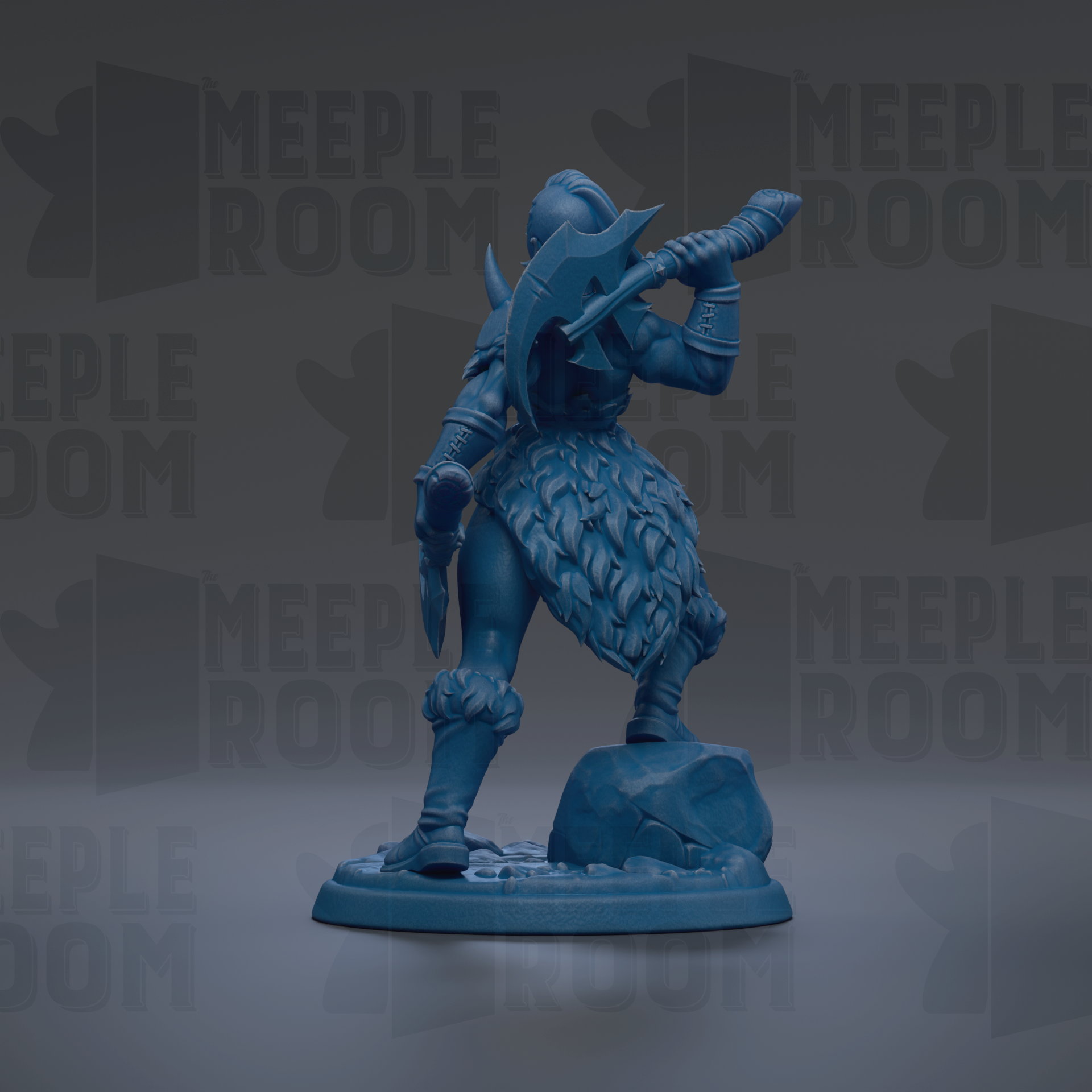 A blue figurine of a warrior standing on a rock, holding a weapon and wearing a helmet.