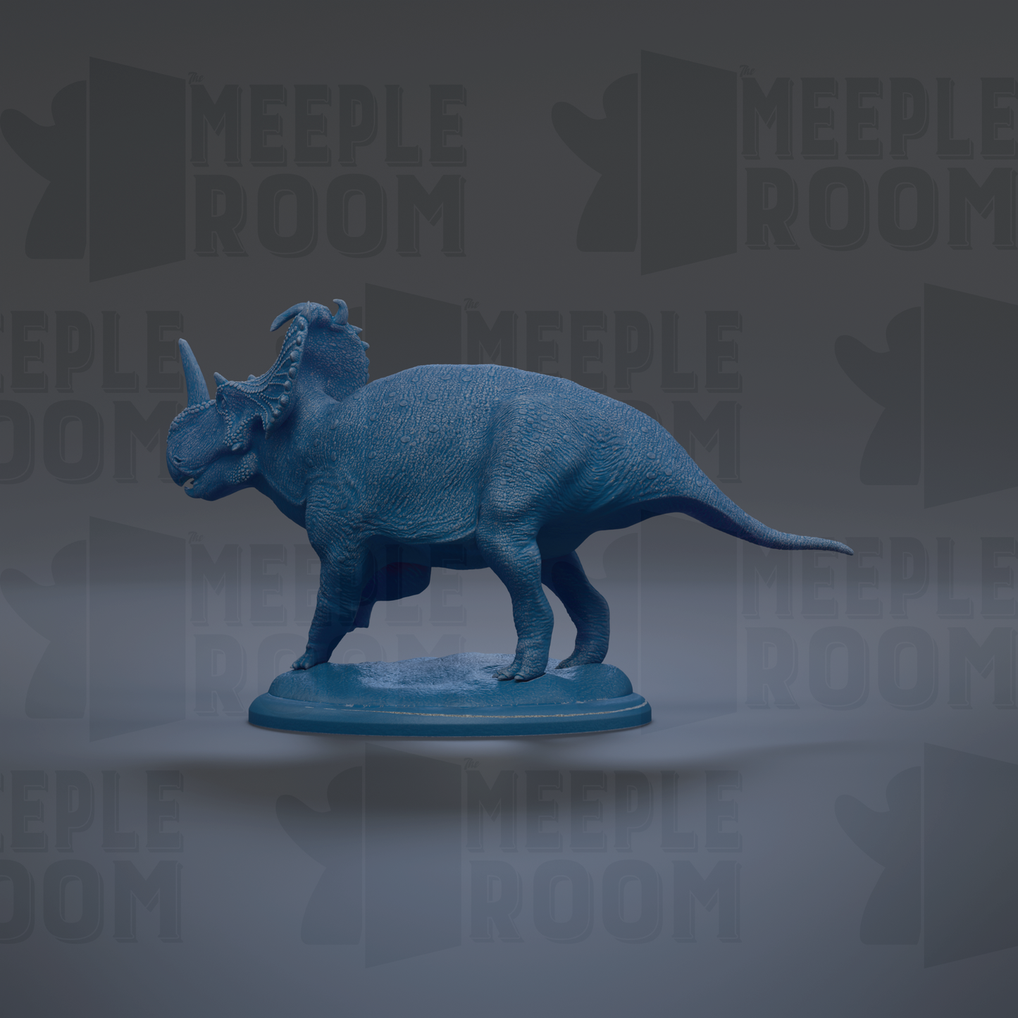 A blue 3D model of a Triceratops dinosaur is displayed against a dark background with repeated text.