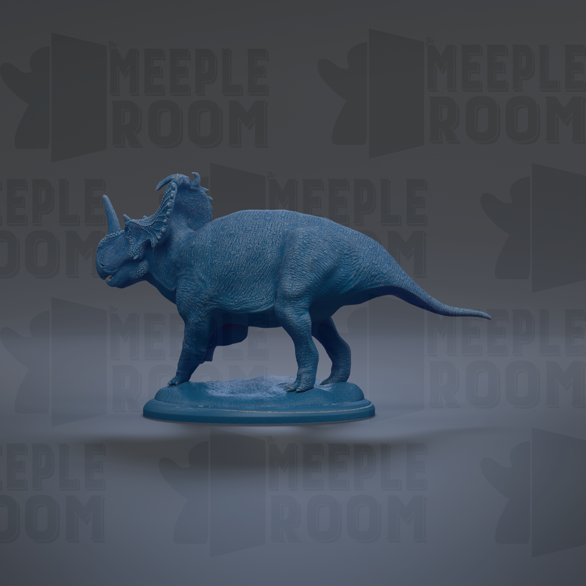 A blue 3D model of a Triceratops dinosaur is displayed against a dark background with repeated text.