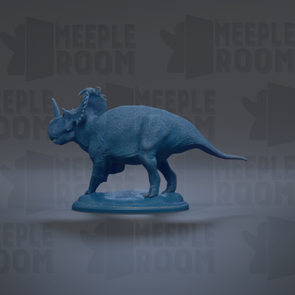 A blue 3D model of a Triceratops dinosaur is displayed against a dark background with repeated text.