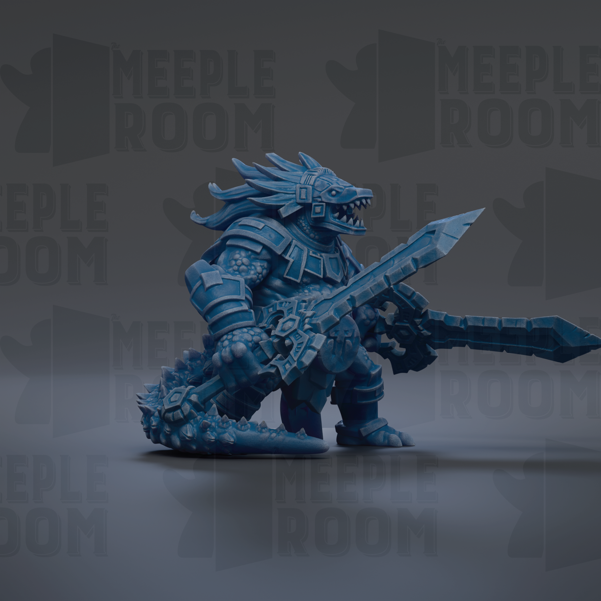A blue, armored fantasy creature with a fierce expression and a large weapon, likely a sword, is prominently featured in the image.