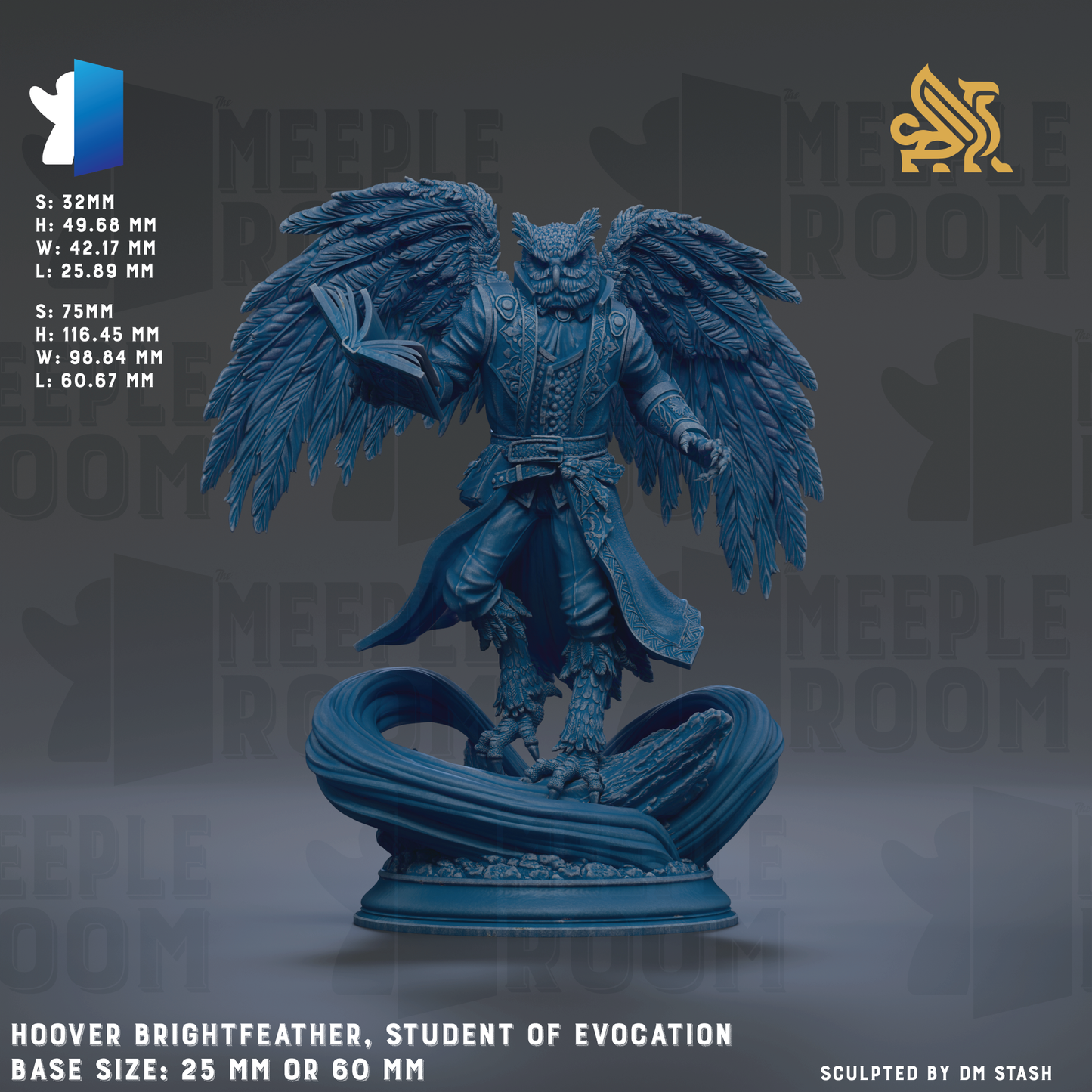 The image is a 3D model of a bright blue owl statue, depicting a student of evocation. The base size of the statue is either 25 mm or 60 mm. The image is a 3D rendering of the owl statue, and it is a sculpture of the owl.