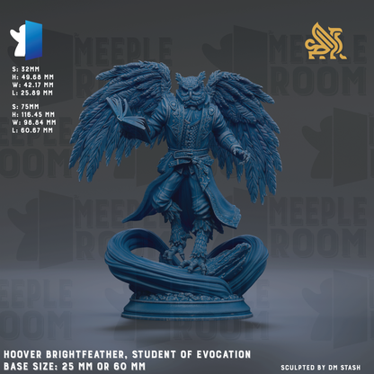 The image is a 3D model of a bright blue owl statue, depicting a student of evocation. The base size of the statue is either 25 mm or 60 mm. The image is a 3D rendering of the owl statue, and it is a sculpture of the owl.