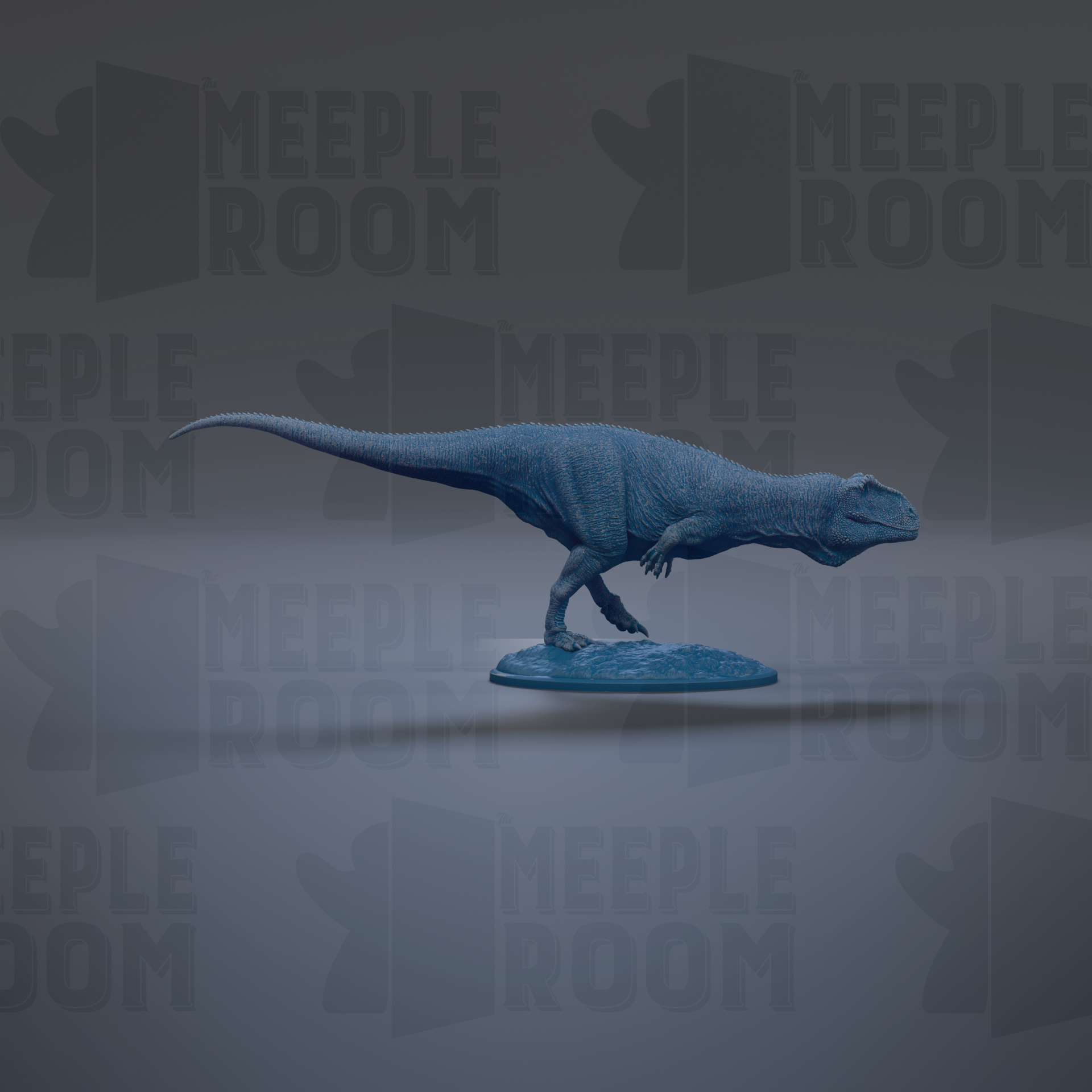 A 3D model of a dinosaur, specifically a T-Rex, is shown in a dynamic pose, standing on a platform.