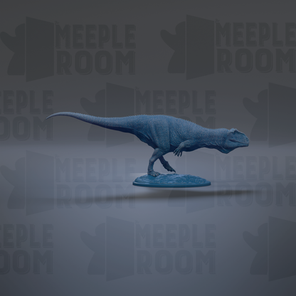 A 3D model of a dinosaur, specifically a T-Rex, is shown in a dynamic pose, standing on a platform.