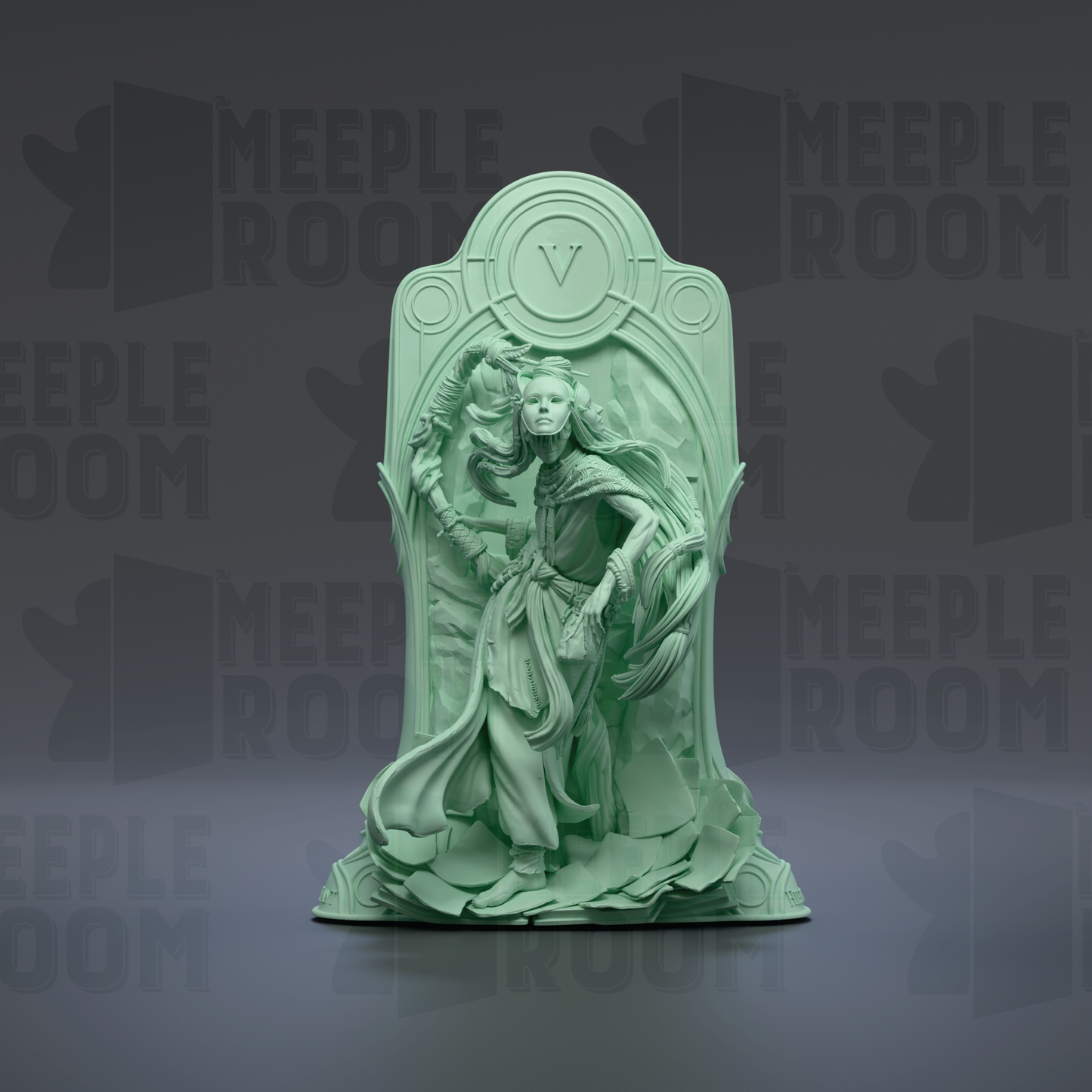 A green statue of a figure with flowing robes and a headdress, standing in an ornate, carved structure.