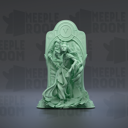 A green statue of a figure with flowing robes and a headdress, standing in an ornate, carved structure.
