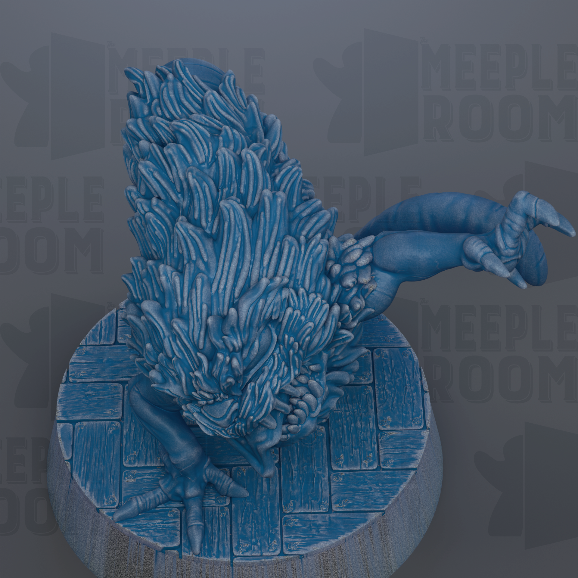 A blue, textured figurine of a creature with a large head and long, curved claws, sitting on a circular base.