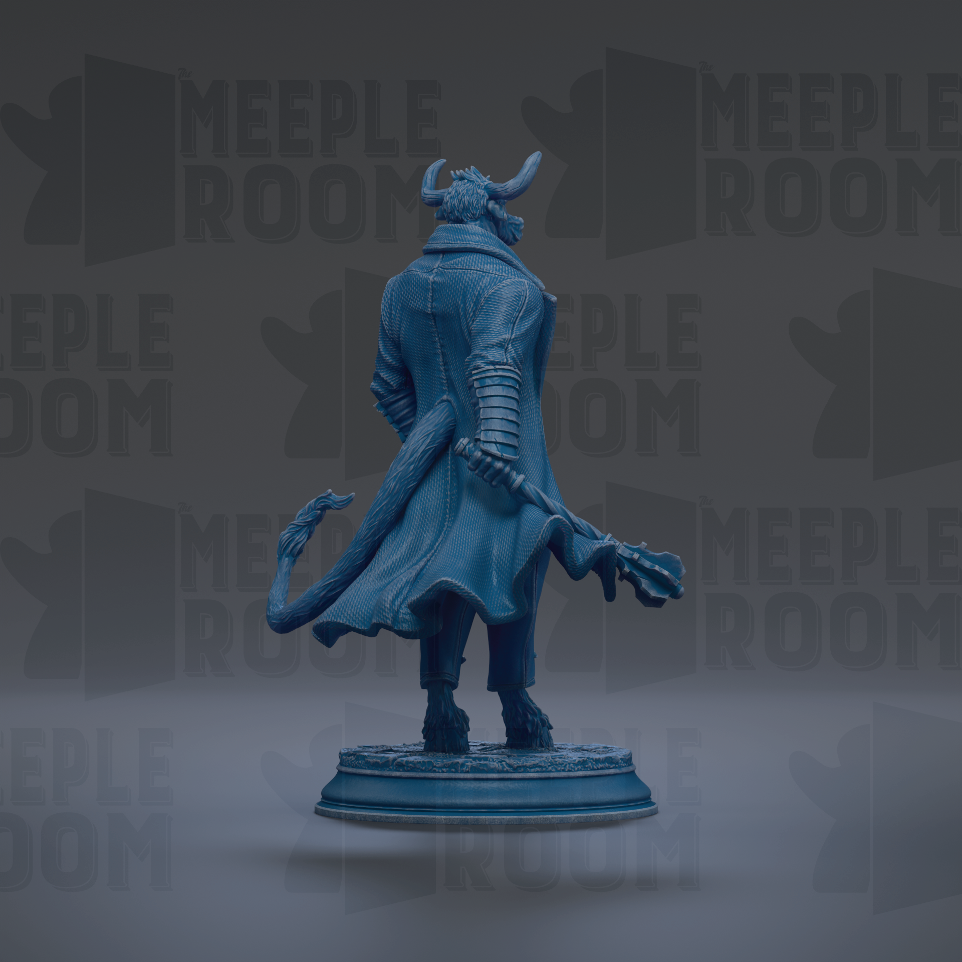 A blue statue of a dragon-like creature with horns and a flowing robe, standing on a pedestal against a dark background with repeated text.