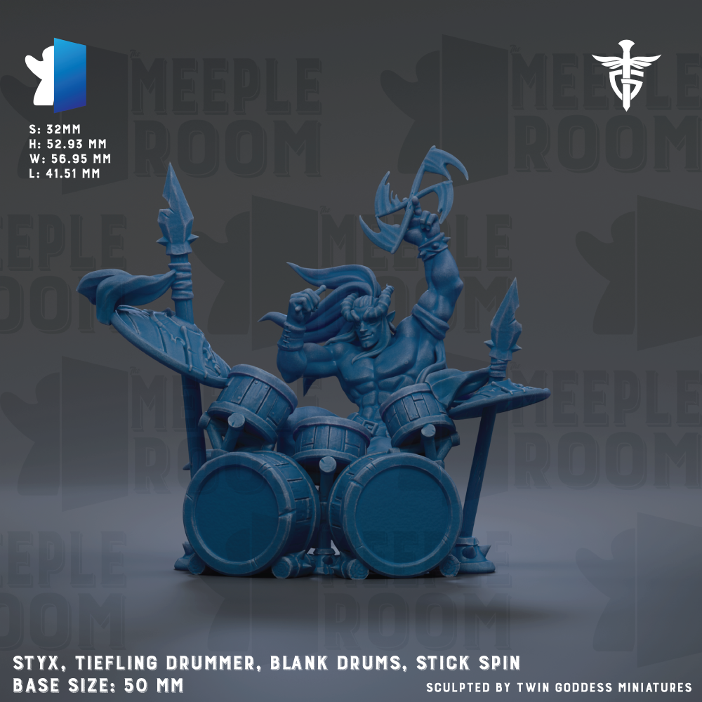 a blue, 3D-rendered drummer character with a tiefling design, holding a stick and playing the drums. The drummer is shown in a dynamic pose, with the drumsticks raised in the air. The background features the text "MELE" repeated multiple times, which is likely a reference to the drummer's base size of 50mm.