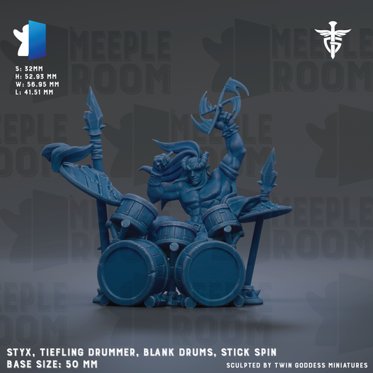 a blue, 3D-rendered drummer character with a tiefling design, holding a stick and playing the drums. The drummer is shown in a dynamic pose, with the drumsticks raised in the air. The background features the text "MELE" repeated multiple times, which is likely a reference to the drummer's base size of 50mm.