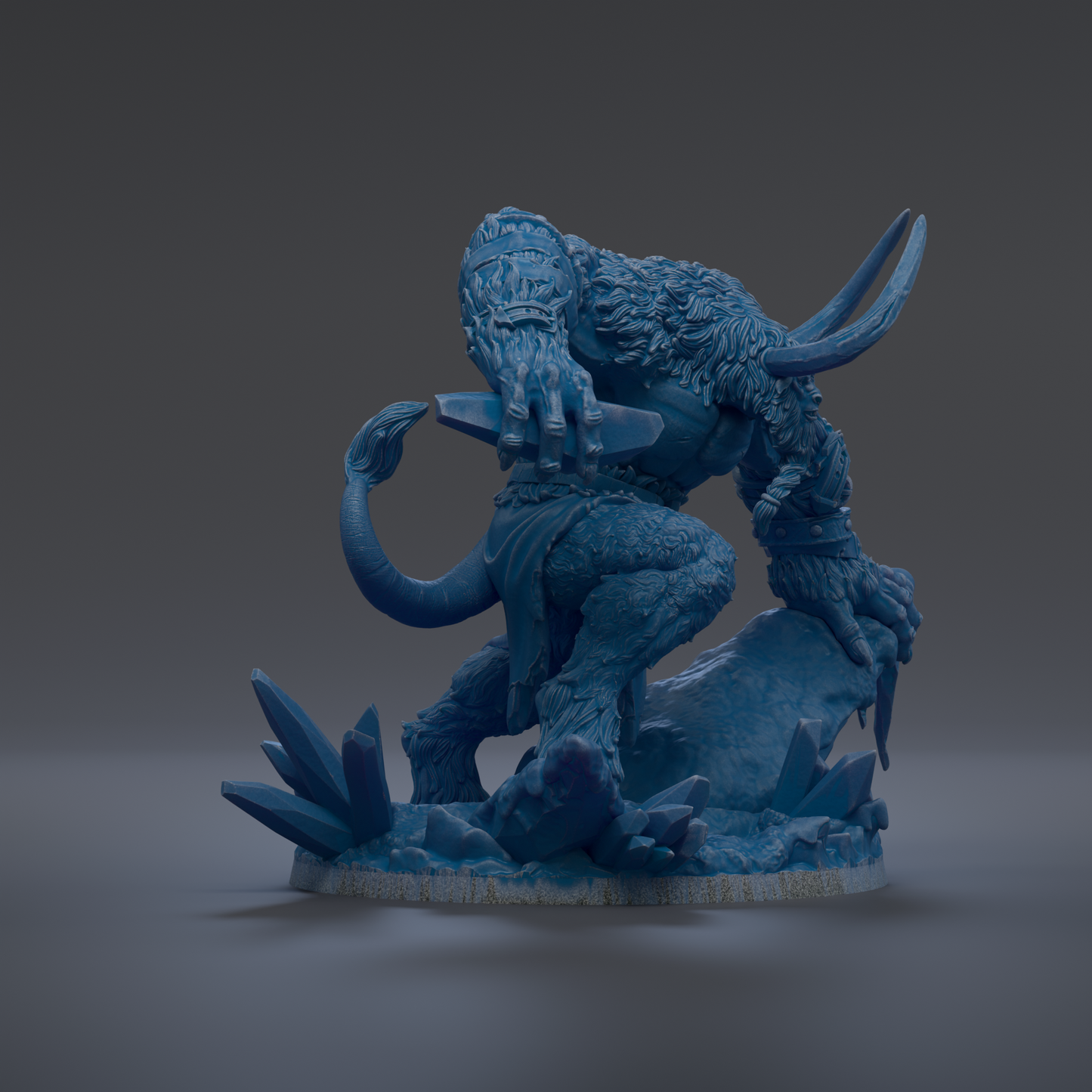 A blue, 3D-rendered statue of a fantastical creature with large, curved horns and a fierce expression, standing on a rocky base.
