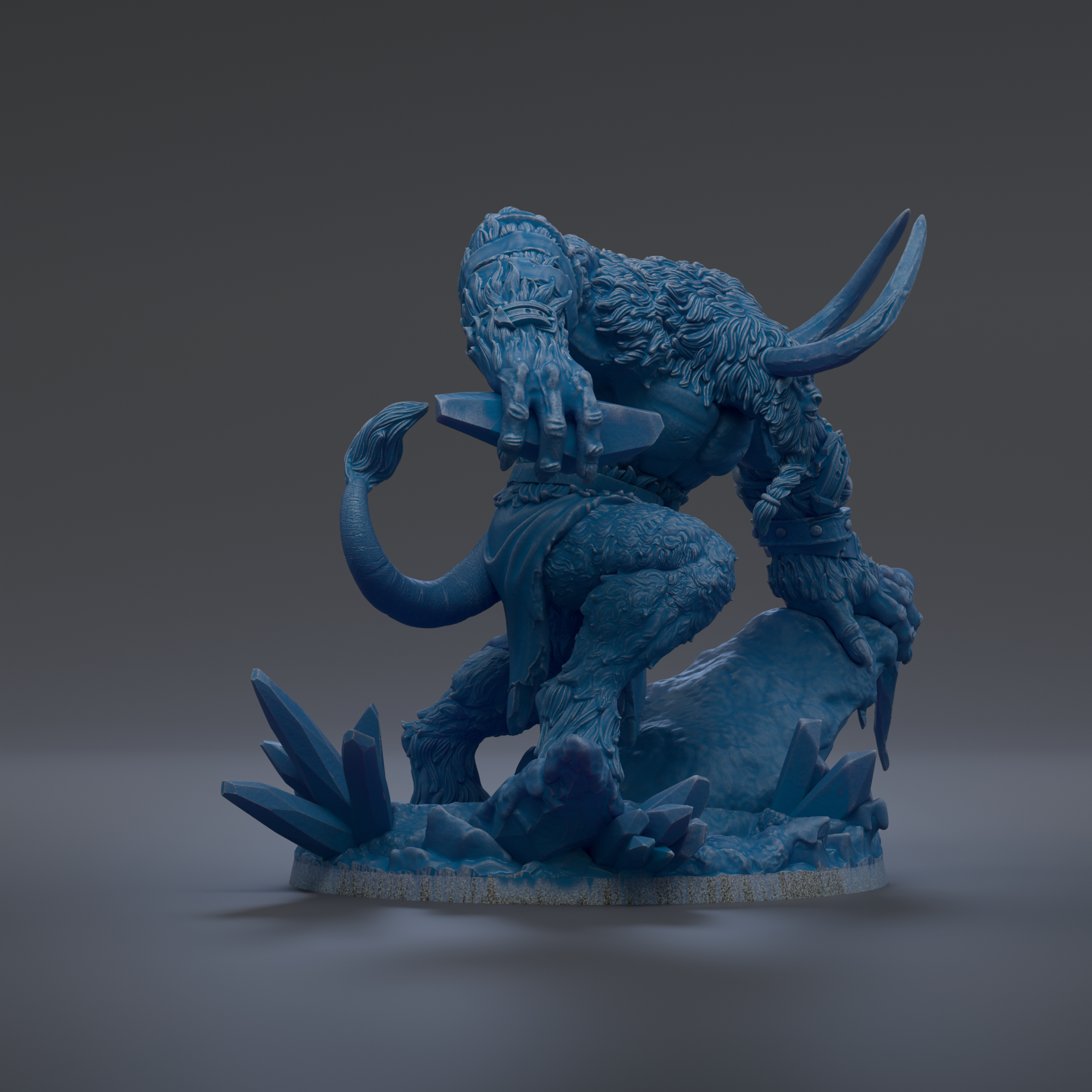 A blue, 3D-rendered statue of a fantastical creature with large, curved horns and a fierce expression, standing on a rocky base.