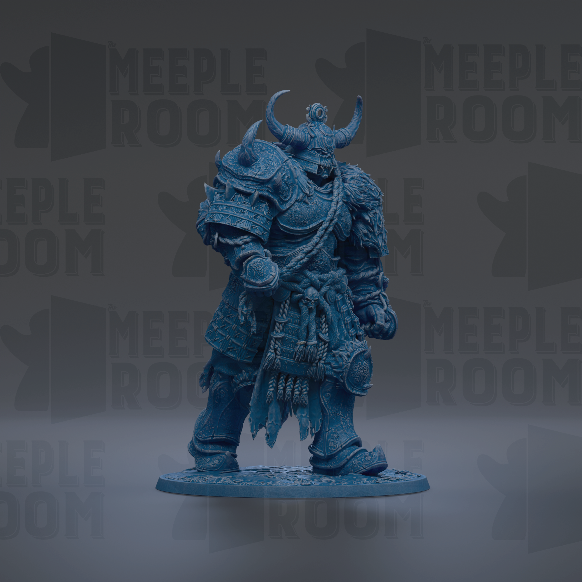 A blue armored warrior figure with horns and a helmet stands in the center of the image against a dark background.