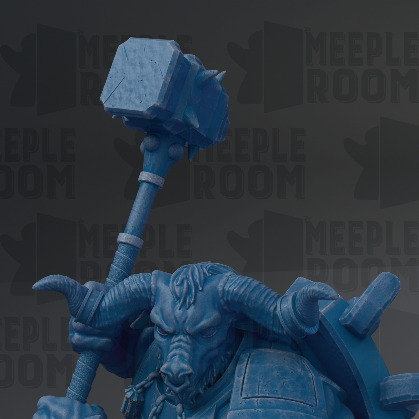 A blue statue of a fierce-looking monster or dragon-like creature holding a large hammer.
