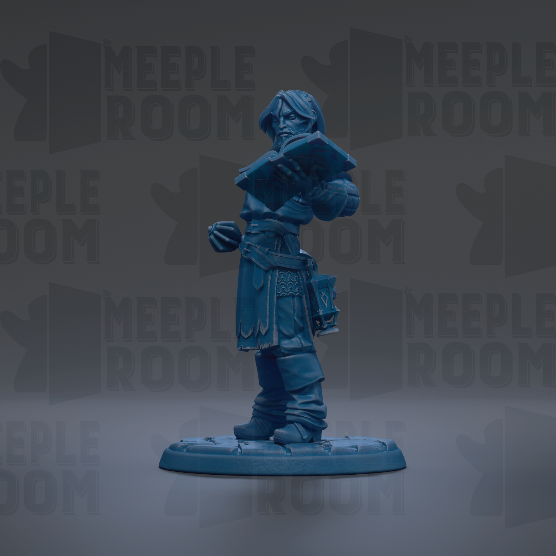 A blue figurine of a person holding a book stands on a base against a dark background with repeated text.