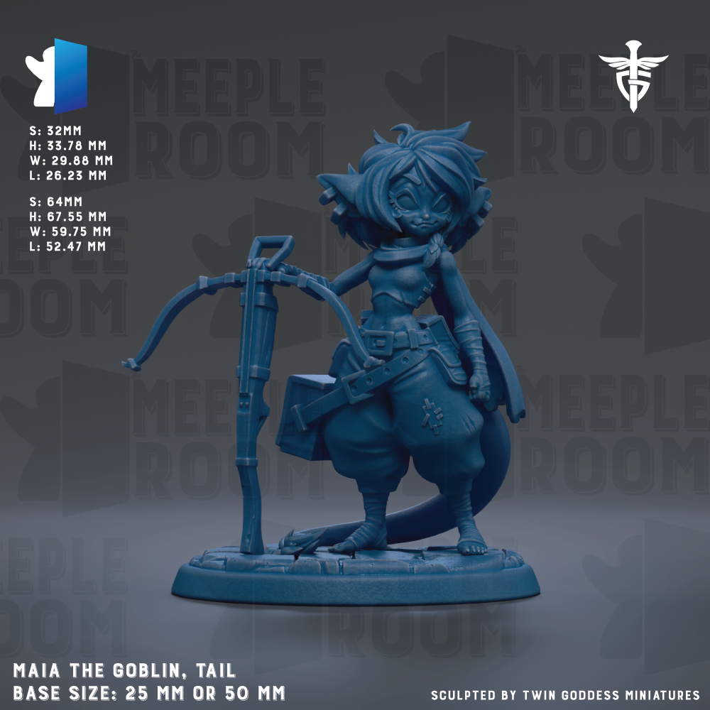 The image is a detailed 3D model of a female character, specifically a female character named Mia the Goblin, with a tail. The character is standing on a base that is either 25mm or 50mm in size. The background of the image is a dark gray color, and there is text and logos related to the character and the game.