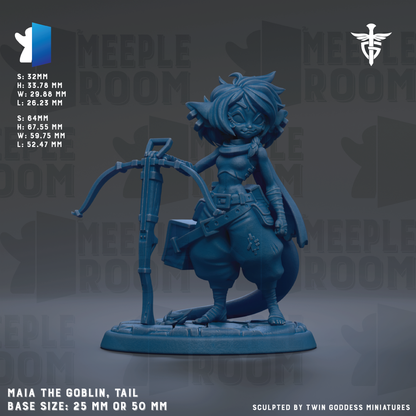 The image is a detailed 3D model of a female character, specifically a female character named Mia the Goblin, with a tail. The character is standing on a base that is either 25mm or 50mm in size. The background of the image is a dark gray color, and there is text and logos related to the character and the game.