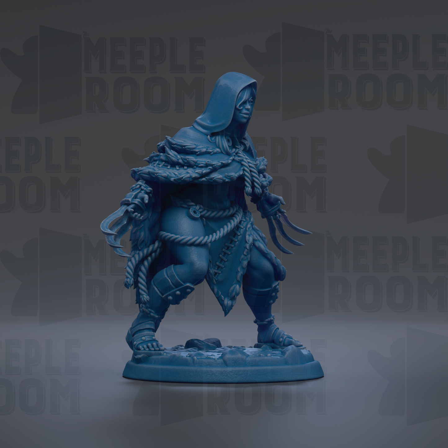 A blue figurine of a person with a hooded cloak, holding a weapon, standing on a base against a dark background with repeated text.