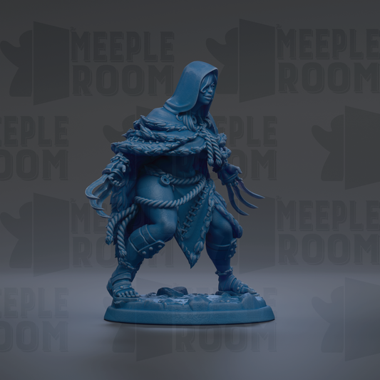 A blue figurine of a person with a hooded cloak, holding a weapon, standing on a base against a dark background with repeated text.