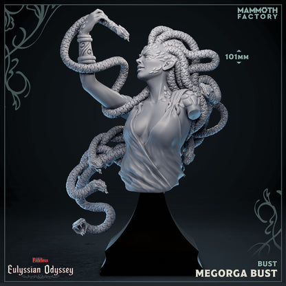 a bust of a woman with snakes wrapped around her, possibly representing a mythological figure or deity.