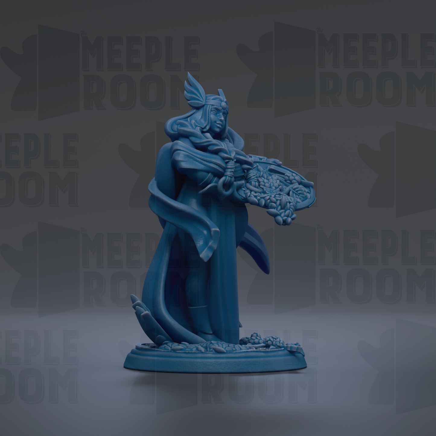A blue figurine of a woman holding a shield, standing on a base with a floral design, against a dark background with repeated text.