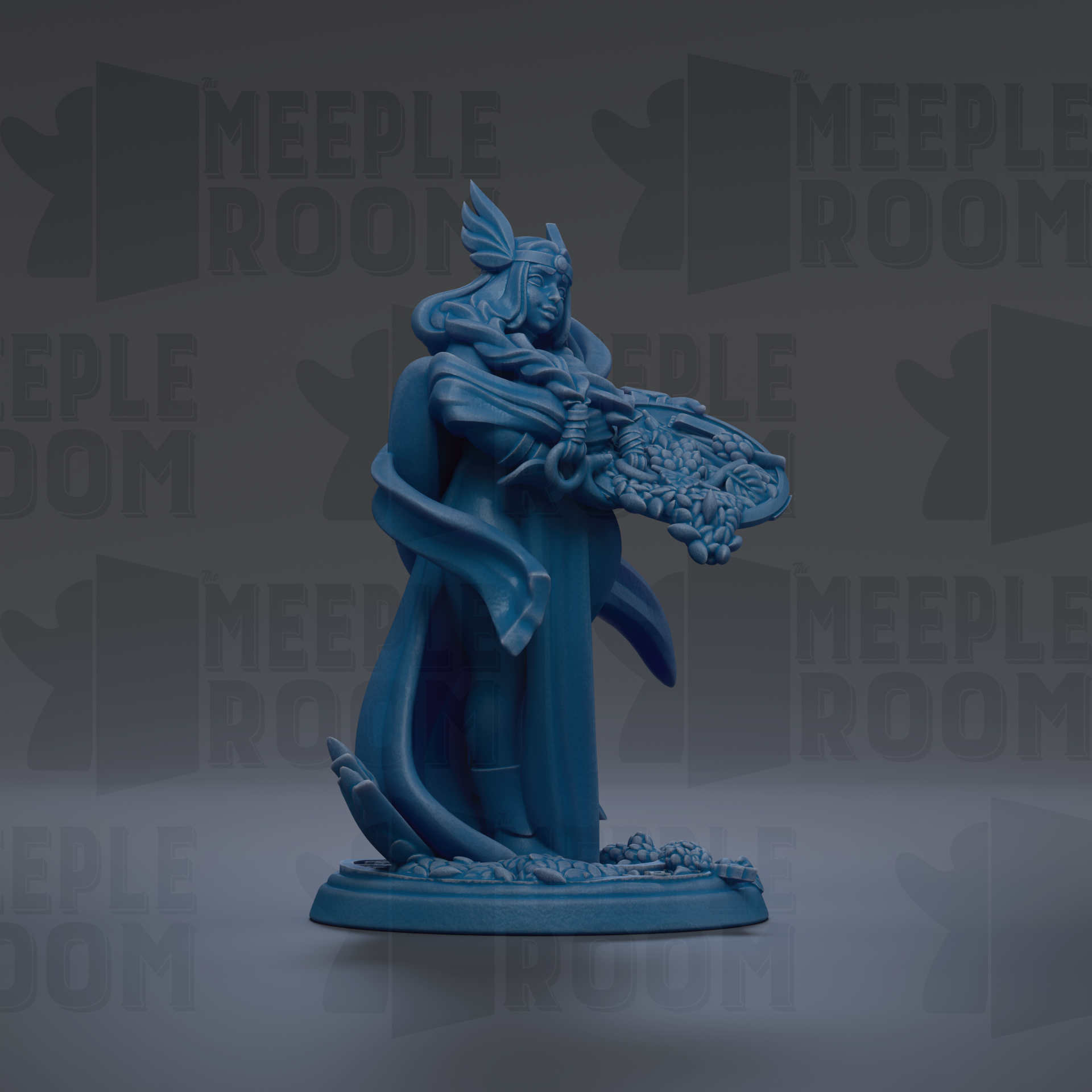A blue figurine of a woman holding a shield, standing on a base with a floral design, against a dark background with repeated text.