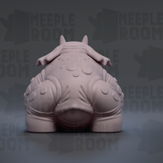 A 3D rendering of a cartoon-like creature with a large head and round body, sitting on a gray surface against a dark background with repeated text.