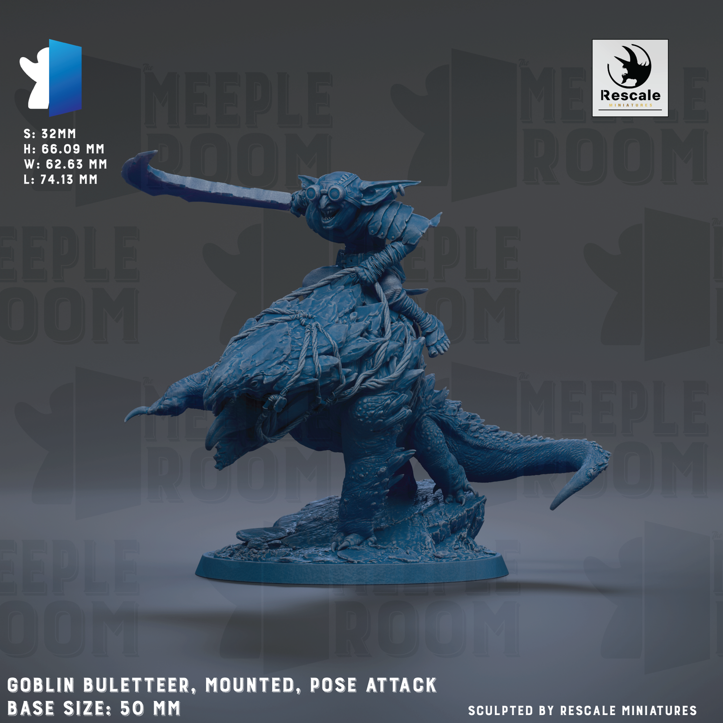The image is a detailed miniature of a blue cobra-like creature with a human-like head, mounted on a large rock and holding a sword. The base size of the figurine is 50 millimeters. The image is a sculpted piece by Rescue Miniatures, and it depicts a unique and intricate pose attack.