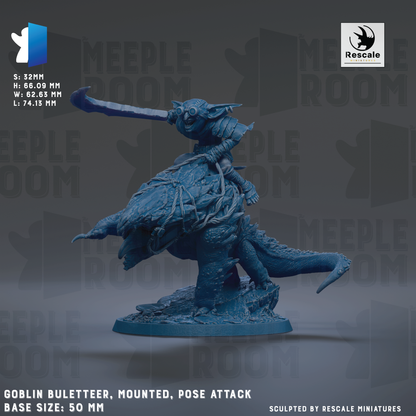 The image is a detailed miniature of a blue cobra-like creature with a human-like head, mounted on a large rock and holding a sword. The base size of the figurine is 50 millimeters. The image is a sculpted piece by Rescue Miniatures, and it depicts a unique and intricate pose attack.