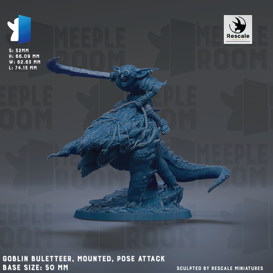 The image is a detailed miniature of a blue cobra-like creature with a human-like head, mounted on a large rock and holding a sword. The base size of the figurine is 50 millimeters. The image is a sculpted piece by Rescue Miniatures, and it depicts a unique and intricate pose attack.