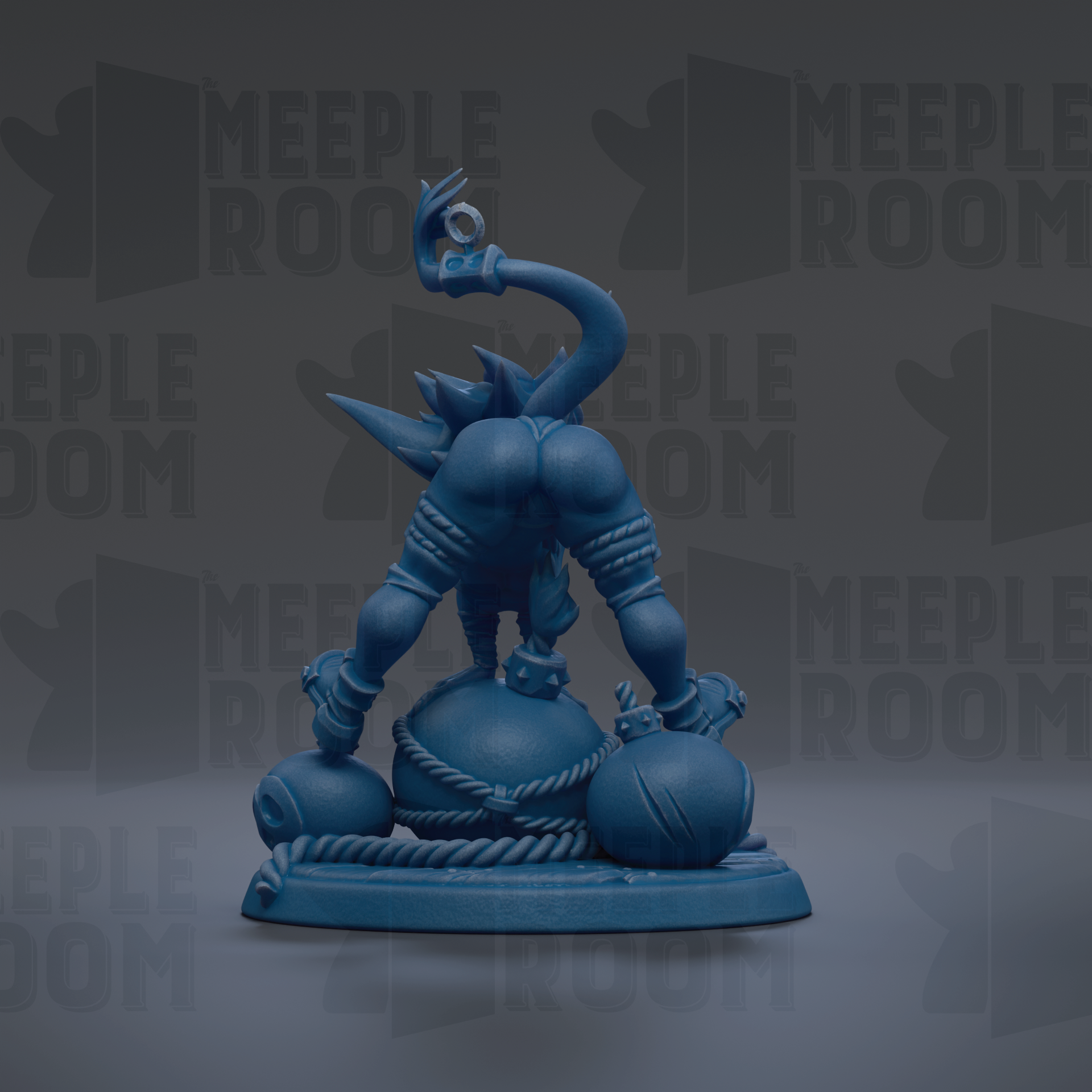 A blue figurine of a character with a curved, claw-like head and a raised fist, standing on a platform with several other similar figurines.