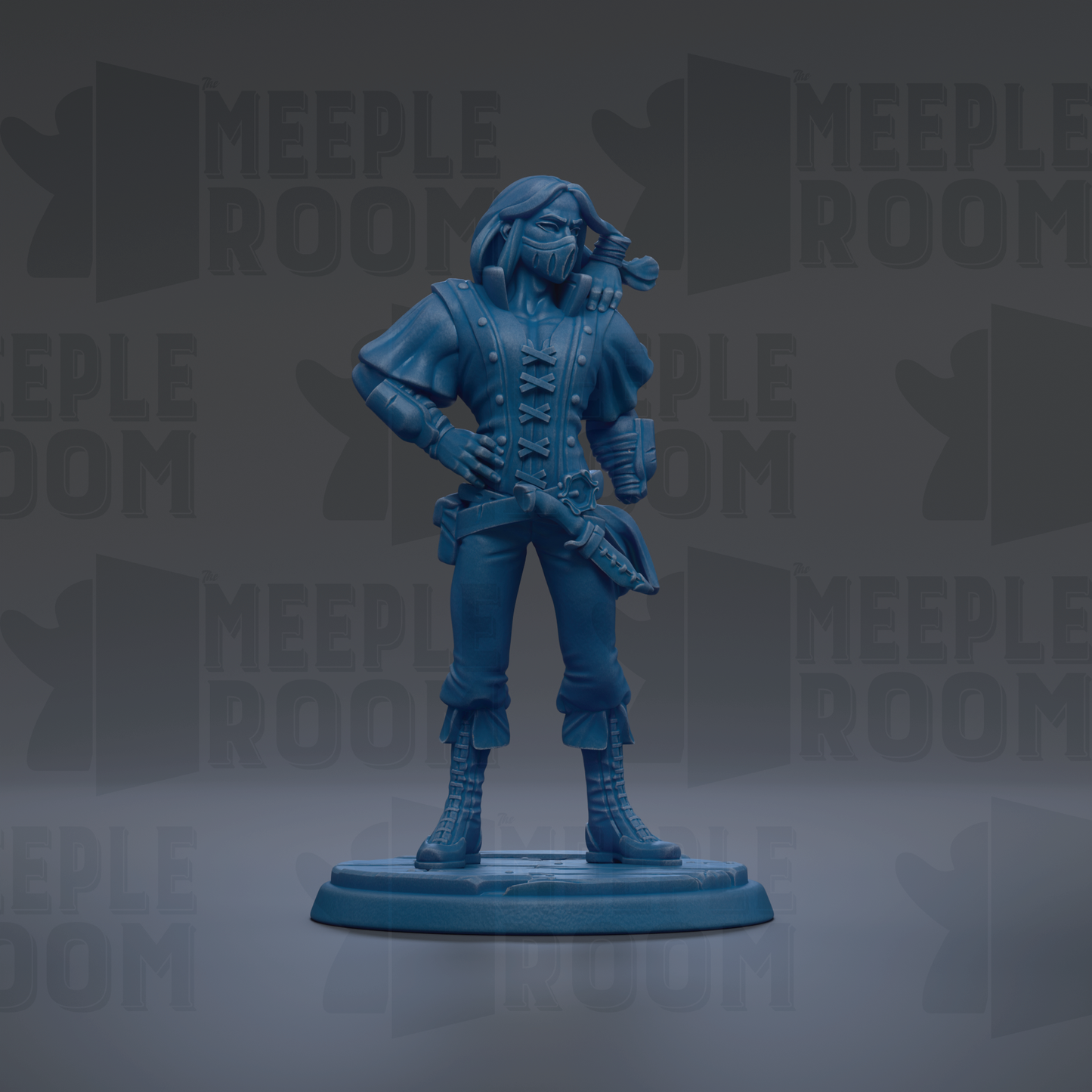 A blue figurine of a person standing on a base, with the text "MEUPLE ROOM" repeated in the background.
