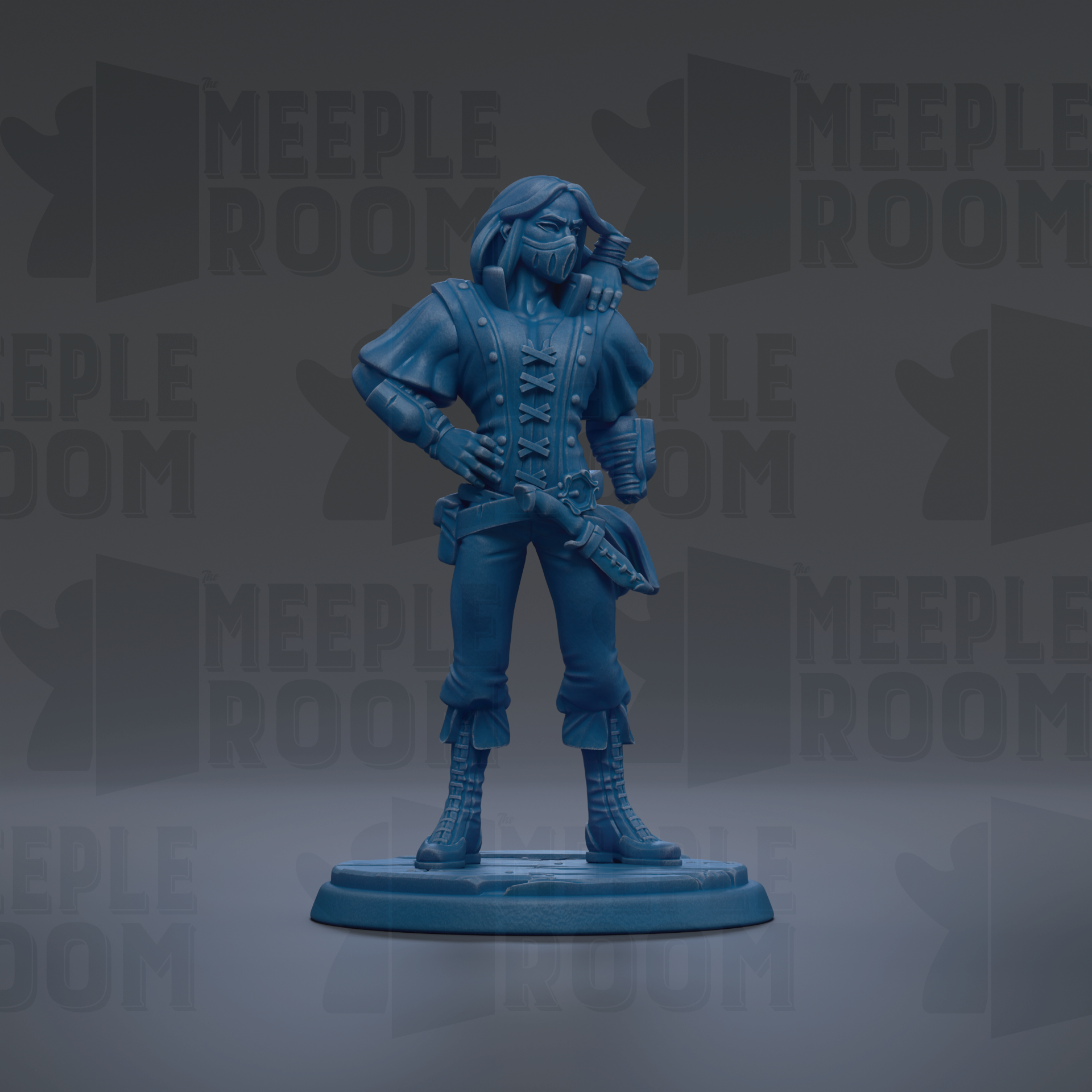 A blue figurine of a person standing on a base, with the text "MEUPLE ROOM" repeated in the background.
